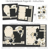 Finished Home photo layout showing black pinstripes, cream floral paper, black flower clusters, cream rose clusters, olive green leaves, large heart shape, floral heart, home title die cut. Designed for New Home Scrapbook Kit, Home Sweet Home Scrapbook Pages, a simple life title, oval bird frame, black and cream bird, floral corner clusters, layered photo mats, neutral floral palette, black dotted paper, cream polka dots, black polka dots, cream striped paper.