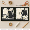 Home scrapbook page kit artwork with cream floral paper, black flower clusters, cream rose clusters, olive green leaves, large heart shape, floral heart, home title die cut, a simple life title. Designed for Home Sweet Home Scrapbook Pages, Everyday Home Memories Layout, oval bird frame, black and cream bird, floral corner clusters, layered photo mats, neutral floral palette, black dotted paper, cream polka dots, black polka dots, cream striped paper, black pinstripes.
