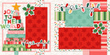 Two-page Joy To The World 12x12 scrapbook layout featuring soft pink grid background, red snowflake pattern, aqua snowflake pattern, green stripe pattern, pink stripe pattern, and multicolor confetti dots. Designed for Christmas tree memories and favorite photos.
