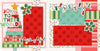 Two-page Joy To The World 12x12 scrapbook layout featuring soft pink grid background, red snowflake pattern, aqua snowflake pattern, green stripe pattern, pink stripe pattern, and multicolor confetti dots. Designed for Christmas tree memories and favorite photos.