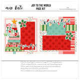 Joy To The World 12x12 scrapbook page kit cover featuring aqua snowflake pattern, green stripe pattern, pink stripe pattern, multicolor confetti dots, white snowflake background, and layered paper Christmas tree. A coordinated premade layout for Christmas tree memories and favorite photos.
