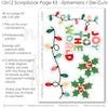 Joy To The World scrapbook die cuts and ephemera sheet featuring pink stripe pattern, multicolor confetti dots, white snowflake background, layered paper Christmas tree, mustard star tree topper, and multicolor Christmas lights. Coordinating paper embellishments for Christmas tree memories and favorite photos.