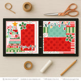 Joy To The World scrapbook page kit shown in a memory album binder mockup with the finished two-page layout. A coordinated way to preserve Christmas tree memories and favorite photos.