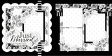 Two-page Just Married 12x12 scrapbook layout featuring black background, white scalloped frame, black floral pattern, gray floral pattern, cream polka dots, and black. Designed for wedding memories and favorite photos.