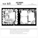 Just Married 12x12 scrapbook page kit cover featuring black floral pattern, gray floral pattern, cream polka dots, black, white stripes, and grayscale flower clusters. A coordinated premade layout for wedding memories and favorite photos.
