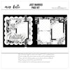 Just Married 12x12 scrapbook page kit cover featuring black floral pattern, gray floral pattern, cream polka dots, black, white stripes, and grayscale flower clusters. A coordinated premade layout for wedding memories and favorite photos.