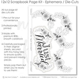 Just Married scrapbook die cuts and ephemera sheet featuring cream polka dots, black, white stripes, grayscale flower clusters, leafy floral sprays, and black photo frames. Coordinating paper embellishments for wedding memories and favorite photos.