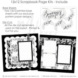 Just Married scrapbook page kit includes two coordinated 12x12 printed base sheets with matching die cuts and embellishments. Designed for wedding memories and favorite photos.