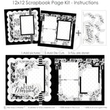 Just Married 12x12 scrapbook page kit instruction image showing the completed two-page layout and placement of coordinating papers, die cuts, and photo areas. Designed for wedding memories and favorite photos.