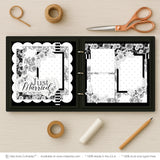 Just Married scrapbook page kit shown in a memory album binder mockup with the finished two-page layout. A coordinated way to preserve wedding memories and favorite photos.