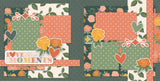 Two-page Love These Moments 12x12 scrapbook layout featuring deep sage green polka dots, soft sage green polka dots, coral polka dots, cream rose pattern, dark green floral pattern, and peach roses. Designed for family memories and favorite photos.