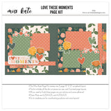 Love These Moments 12x12 scrapbook page kit cover featuring coral polka dots, cream rose pattern, dark green floral pattern, peach roses, orange roses, and golden yellow roses. A coordinated premade layout for family memories and favorite photos.