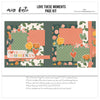 Love These Moments 12x12 scrapbook page kit cover featuring coral polka dots, cream rose pattern, dark green floral pattern, peach roses, orange roses, and golden yellow roses. A coordinated premade layout for family memories and favorite photos.