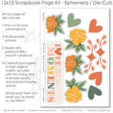 Love These Moments scrapbook die cuts and ephemera sheet featuring dark green floral pattern, peach roses, orange roses, golden yellow roses, green rose leaves, and leafy vine stems. Coordinating paper embellishments for family memories and favorite photos.