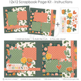 Love These Moments 12x12 scrapbook page kit instruction image showing the completed two-page layout and placement of coordinating papers, die cuts, and photo areas. Designed for family memories and favorite photos.
