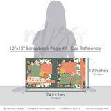 Love These Moments 12x12 scrapbook page kit size reference image showing the scale of the coordinated two-page layout, printed papers, and embellishments for family memories and favorite photos.