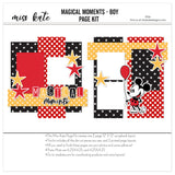 Magical Moments Boy 12x12 scrapbook page kit cover featuring red polka dots, yellow polka dots, red yellow black color palette, white photo mats, red photo mat, and black photo frames. A coordinated premade layout for Disney memories and favorite photos.