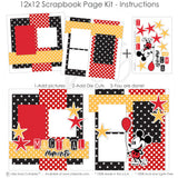 Magical Moments Boy 12x12 scrapbook page kit instruction image showing the completed two-page layout and placement of coordinating papers, die cuts, and photo areas. Designed for Disney memories and favorite photos.