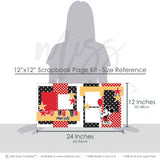 Magical Moments Boy 12x12 scrapbook page kit size reference image showing the scale of the coordinated two-page layout, printed papers, and embellishments for Disney memories and favorite photos.