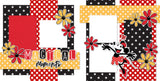 Two-page Magical Moments Girl 12x12 scrapbook layout featuring white background, black star pattern, red polka dots, yellow polka dots, red yellow black color palette, and white photo mats. Designed for Disney memories and favorite photos.