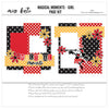 Magical Moments Girl 12x12 scrapbook page kit cover featuring red polka dots, yellow polka dots, red yellow black color palette, white photo mats, red photo mat, and black photo frames. A coordinated premade layout for Disney memories and favorite photos.