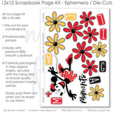Magical Moments Girl scrapbook die cuts and ephemera sheet featuring red yellow black color palette, white photo mats, red photo mat, black photo frames, yellow flower die cuts, and red flower die cuts. Coordinating paper embellishments for Disney memories and favorite photos.