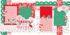 Two-page Merry And Bright 12x12 scrapbook layout featuring soft cream background, red snowflake pattern, pink snowflake pattern, green polka dots, pink polka dots, and green scalloped border. Designed for Christmas memories and favorite photos.