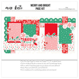 Merry And Bright 12x12 scrapbook page kit cover featuring pink snowflake pattern, green polka dots, pink polka dots, green scalloped border, red, and white candy canes. A coordinated premade layout for Christmas memories and favorite photos.