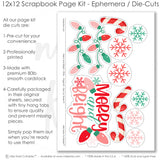 Merry And Bright scrapbook die cuts and ephemera sheet featuring pink polka dots, green scalloped border, red, white candy canes, multicolor string lights, and red snowflake ornaments. Coordinating paper embellishments for Christmas memories and favorite photos.
