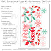Merry And Bright scrapbook die cuts and ephemera sheet featuring pink polka dots, green scalloped border, red, white candy canes, multicolor string lights, and red snowflake ornaments. Coordinating paper embellishments for Christmas memories and favorite photos.