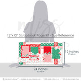 Merry And Bright 12x12 scrapbook page kit size reference image showing the scale of the coordinated two-page layout, printed papers, and embellishments for Christmas memories and favorite photos.