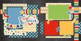 Two-page Middle School scrapbook layout featuring chalkboard background, ruler border, star pattern paper, rainbow stripe paper, pencil pattern, multicolor stars, plaid accent, notebook theme. Designed for Middle School Memories, Middle School Memories Album, arrow die cuts, pencil die cut, middle school title, banner flags, blue stars, primary colors, school icons.