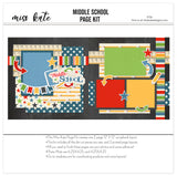 Middle School 12x12 scrapbook page kit shown with ruler border, star pattern paper, rainbow stripe paper, pencil pattern, multicolor stars, plaid accent, notebook theme, arrow die cuts. Designed for Middle School Memories Album, Middle School Graduation Keepsake, pencil die cut, middle school title, banner flags, blue stars, primary colors, school icons, chalkboard background.