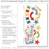 Coordinated Middle School memory-keeping layout with star pattern paper, rainbow stripe paper, pencil pattern, multicolor stars, plaid accent, notebook theme, arrow die cuts, pencil die cut. Designed for Middle School Graduation Keepsake, Middle School Photo Album, middle school title, banner flags, blue stars, primary colors, school icons, chalkboard background, ruler border.