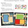 Detailed Middle School scrapbook design featuring rainbow stripe paper, pencil pattern, multicolor stars, plaid accent, notebook theme, arrow die cuts, pencil die cut, middle school title. Designed for Middle School Photo Album, Student Milestone Memories, banner flags, blue stars, primary colors, school icons, chalkboard background, ruler border, star pattern paper.