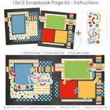 Finished Middle School photo layout showing pencil pattern, multicolor stars, plaid accent, notebook theme, arrow die cuts, pencil die cut, middle school title, banner flags. Designed for Student Milestone Memories, End Of Middle School, blue stars, primary colors, school icons, chalkboard background, ruler border, star pattern paper, rainbow stripe paper.