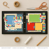 Middle School scrapbook page kit artwork with multicolor stars, plaid accent, notebook theme, arrow die cuts, pencil die cut, middle school title, banner flags, blue stars. Designed for End Of Middle School, Classroom Memory Book, primary colors, school icons, chalkboard background, ruler border, star pattern paper, rainbow stripe paper, pencil pattern.