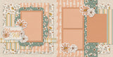 Two-page Mommy & Me 12x12 scrapbook layout featuring soft cream background, peach fern pattern, sage floral pattern, cream floral print, pastel vertical stripes, and mustard gingham. Designed for mother child memories and favorite photos.