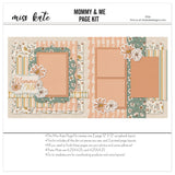 Mommy & Me 12x12 scrapbook page kit cover featuring sage floral pattern, cream floral print, pastel vertical stripes, mustard gingham, peach photo mats, and soft sage accents. A coordinated premade layout for mother child memories and favorite photos.