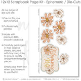 Mommy & Me scrapbook die cuts and ephemera sheet featuring pastel vertical stripes, mustard gingham, peach photo mats, soft sage accents, cream flowers, and peach daisies. Coordinating paper embellishments for mother child memories and favorite photos.