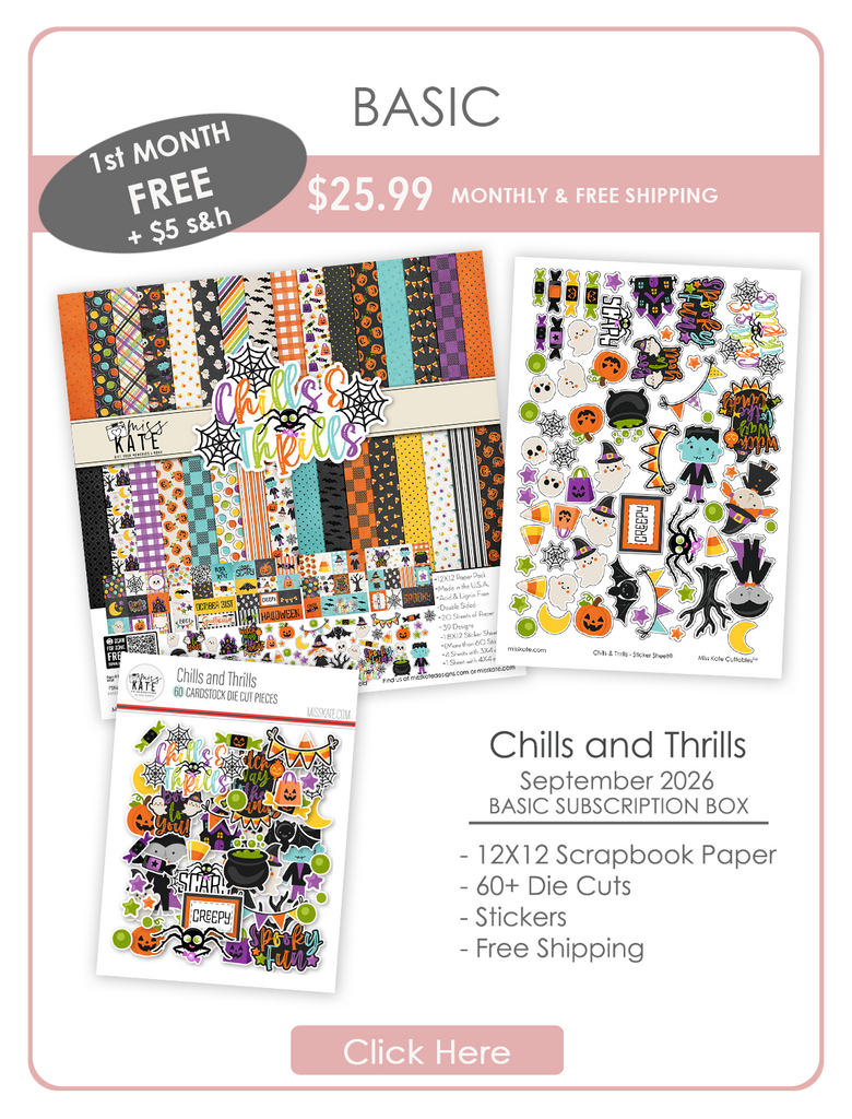 Chills and Thrills Monthly Subscription Box - Basic. main product presentation showing the September 2026 Basic monthly box contents.