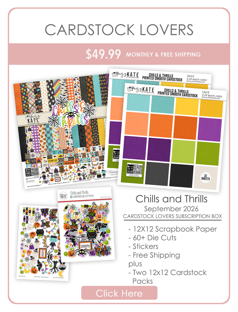 Chills and Thrills Monthly Subscription Box - Cardstock Lovers. main product presentation showing the September 2026 box with extra coordinating cardstock.