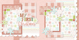 Two-page My First Christmas Pink 12x12 scrapbook layout featuring soft blush pink background, pink buffalo gingham, multicolor snowflake pattern, pink snowflake pattern, aqua snowflake pattern, and green snowflake pattern. Designed for baby Christmas memories and favorite photos.