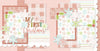 Two-page My First Christmas Pink 12x12 scrapbook layout featuring soft blush pink background, pink buffalo gingham, multicolor snowflake pattern, pink snowflake pattern, aqua snowflake pattern, and green snowflake pattern. Designed for baby Christmas memories and favorite photos.