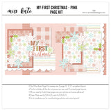 My First Christmas Pink 12x12 scrapbook page kit cover featuring multicolor snowflake pattern, pink snowflake pattern, aqua snowflake pattern, green snowflake pattern, scalloped white border, and pink scallop pattern. A coordinated premade layout for baby Christmas memories and favorite photos.