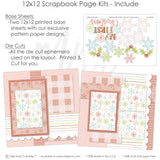 My First Christmas Pink scrapbook page kit includes two coordinated 12x12 printed base sheets with matching die cuts and embellishments. Designed for baby Christmas memories and favorite photos.