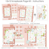 My First Christmas Pink 12x12 scrapbook page kit instruction image showing the completed two-page layout and placement of coordinating papers, die cuts, and photo areas. Designed for baby Christmas memories and favorite photos.