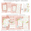 My First Christmas Pink 12x12 scrapbook page kit instruction image showing the completed two-page layout and placement of coordinating papers, die cuts, and photo areas. Designed for baby Christmas memories and favorite photos.