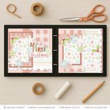 My First Christmas Pink scrapbook page kit shown in a memory album binder mockup with the finished two-page layout. A coordinated way to preserve baby Christmas memories and favorite photos.