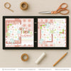 My First Christmas Pink scrapbook page kit shown in a memory album binder mockup with the finished two-page layout. A coordinated way to preserve baby Christmas memories and favorite photos.
